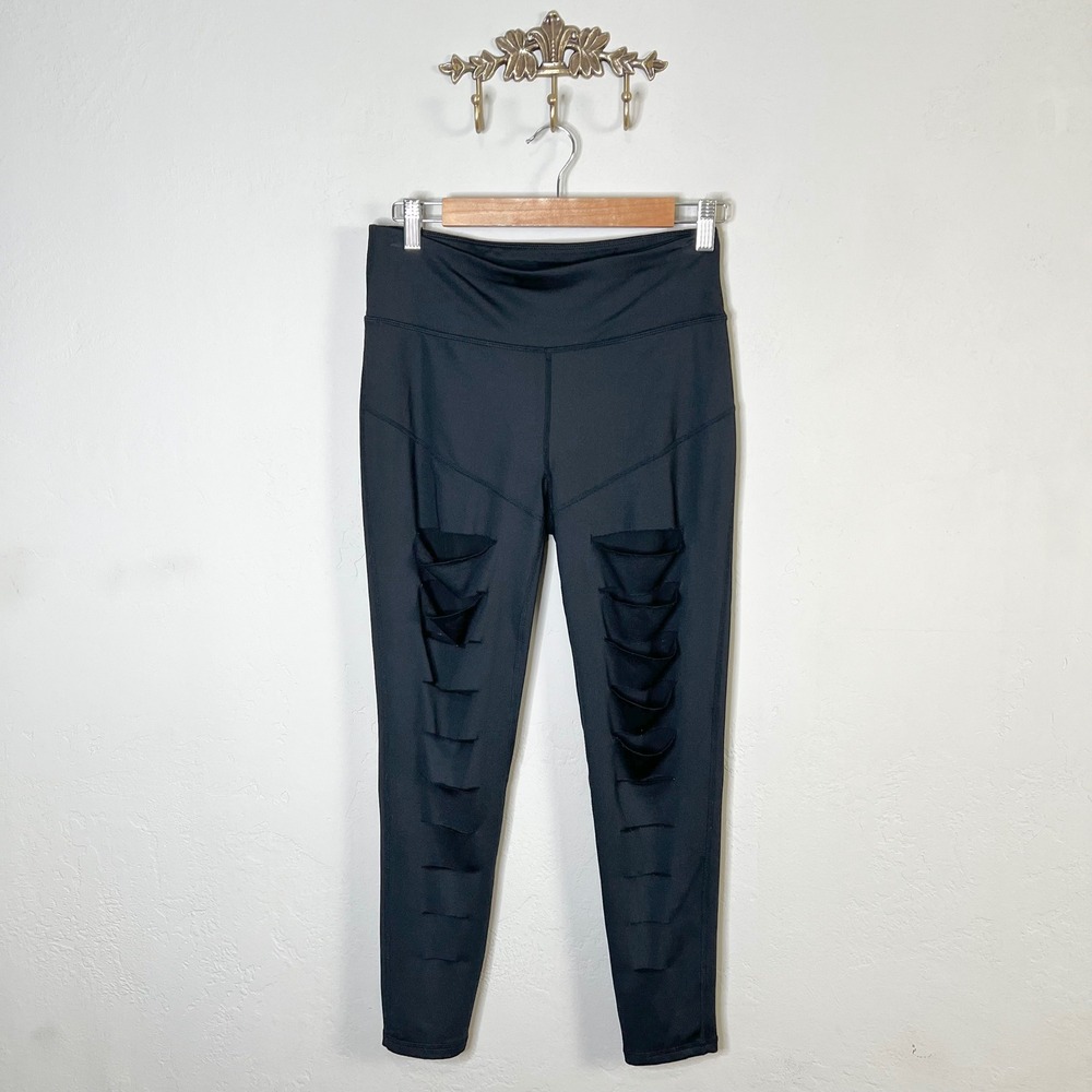 Betsey Johnson Performance Black Slashed Front Distressed Leggings Size Medium